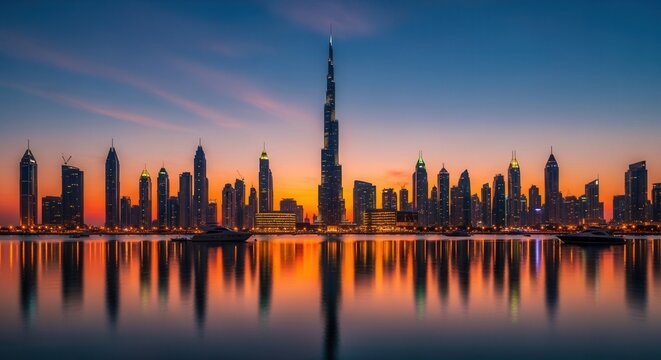 A vibrant sunset cityscape with a prominent skyscraper and numerous high-rise buildings reflected in still water featuring boats and illuminated urban structures - Powered by Adobe