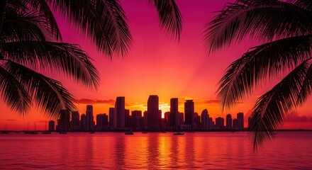 Obraz premium A vibrant sunset over a city skyline framed by silhouetted palm fronds Tall buildings reflect golden hues on the calm water where several boats gently rest