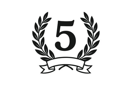 5 years anniversary icon vector. Number five in laurel wreath with ribbon. Fifth anniversary logo. Jubilee celebration symbol. Winner award emblem. Success and achievement sign. - Powered by Adobe