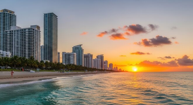A vibrant sunset over a city beach with tall buildings palm trees and ocean waves