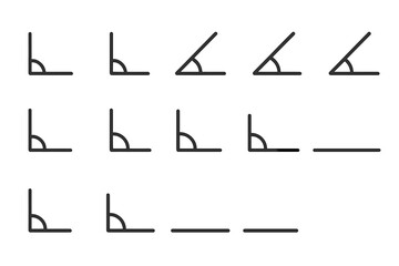 Angles vector icon set. 15, 30, 45, 90, 180 degrees. Geometry mathematics symbol. Measure rotation corner sign. Geometric shape line drawing for education and infographic.