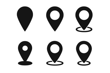 Location pin icon set. Black map markers collection for navigation and destination. Vector graphic of GPS pointer symbols for travel, address, position, and place on a map.