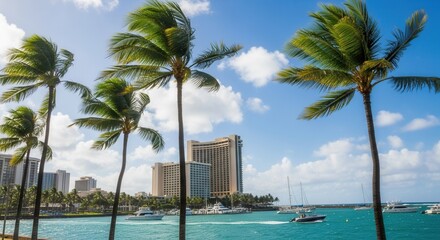 A vibrant tropical harbor features numerous palm trees framing a bay with boats clear blue water and several tall buildings under a bright sky with scattered clouds