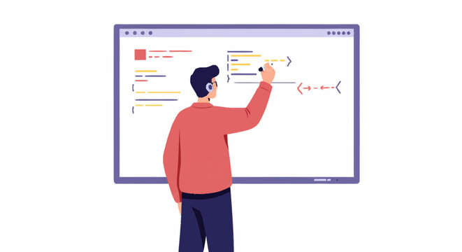 A male programmer, seen from behind, writing code on a large digital screen or whiteboard.