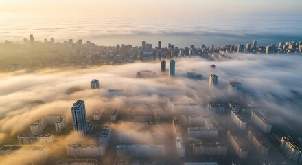 Aerial cityscape at sunrise or sunset tall buildings emerging from a dense golden fog layer stretching to the horizon