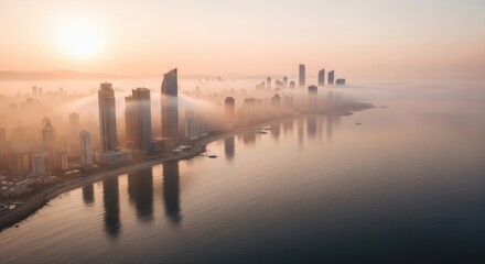 Aerial view of a city skyline at sunrise with tall buildings emerging from thick fog over a coastal area reflected in calm water
