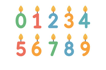 Colorful birthday candle numbers 0 to 9 vector icon set. Flat design numerical candles with flame for party, anniversary, and celebration cake decoration. Age digit collection.