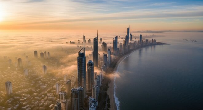 Aerial panorama of a coastal city skyscrapers rise above morning fog spanning a long beach and vast ocean under a vibrant sky