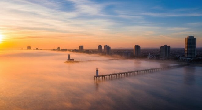 Aerial view of a city shoreline at sunrise with dense fog covering the water and lower buildings featuring two lighthouses on piers extending into the mist