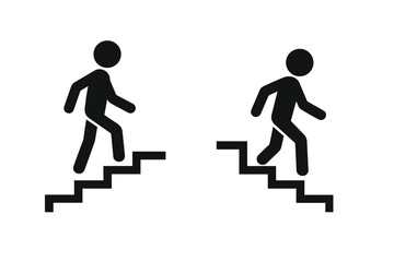 Man on stairs icon. Stick figure walking up and down. Upstairs, downstairs symbol. Career ladder, success or failure metaphor. Growth, progress or demotion concept vector.