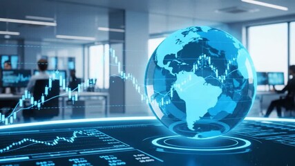 Holographic globe and financial data charts displayed in a futuristic high-tech business office. - Powered by Adobe