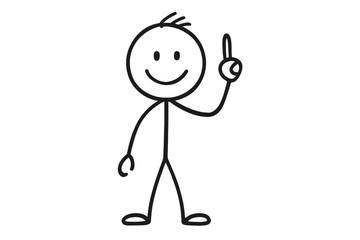 Cartoon stickman character pointing finger up, having an idea. Simple hand drawn stick figure doodle. Happy smiling man showing number one. Vector illustration for business concept.