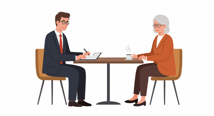 Obraz premium A professional man in a suit and tie sits at a table, taking notes on a tablet, while an older woman in a blazer holds a steaming cup of coffee across from him.