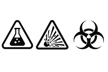 Threat icon set. Chemical, explosion warning and biohazard hazard symbol vector collection. Danger signs for toxic, explosive and biological risks. Isolated on white background.