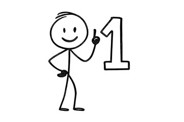 Stickman cartoon character showing the number one. Hand-drawn doodle figure pointing to first place. Vector illustration for winner, achievement, counting, and ranking concepts.