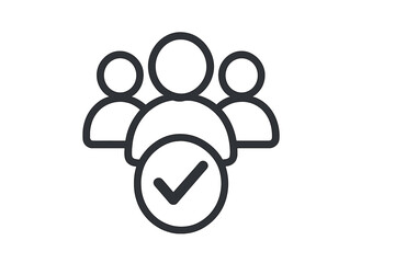 Approved users icon. Group of people with check mark. Verified community, user validation, and team selection concept. Membership, access granted, and social group line vector.