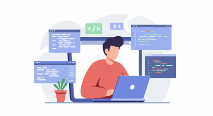 An illustration of a male developer coding on a laptop, surrounded by multiple floating screens displaying programming languages and data.