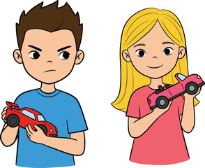 Children holding toy cars, boy with red race car, girl with pink convertible, childhood playtime, friendship, emotions, lifestyle, cad drawing flat vector illustration