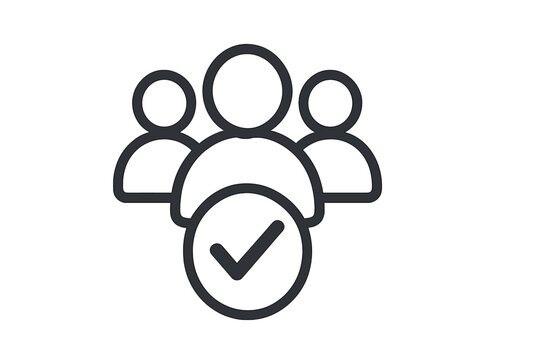 Approved users icon. Group of people with check mark. Verified community, user validation, and team selection concept. Membership, access granted, and social group line vector.