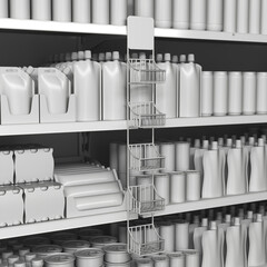 Сlose-up of hanging wire display stand and supermarket shelves with food products. 3d illustration