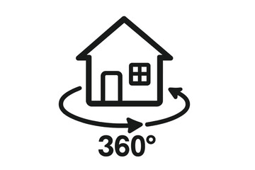 House 360 degree virtual tour icon. Real estate property panoramic view symbol. Interactive home tour concept with full rotation arrow. Line art vector graphic illustration.