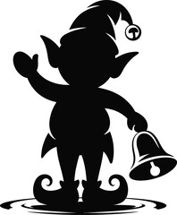 Charming christmas elf character waving with a bell on transparent background silhouette