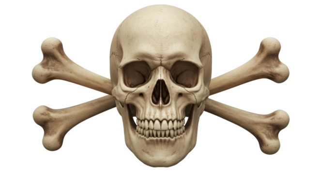 Skull and crossbones isolated on transparent background, symbol of danger and death in pirate flags and Halloween decorations
