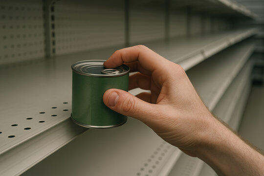 A Hand Reaching for a Can on an Empty Shelf