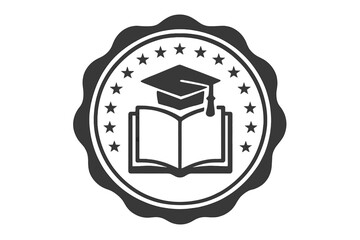 Education emblem with graduation cap and open book. Knowledge concept in a round vintage seal. Grunge university certificate stamp icon. Academic achievement symbol vector.
