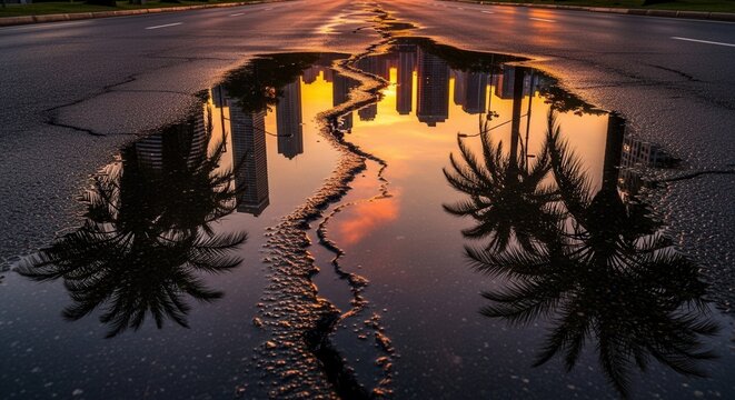 City skyline and palm trees reflecting in a puddle on a cracked asphalt road under a vibrant sky