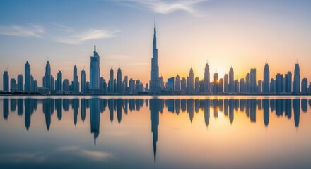 City skyline of modern towering structures reflected in tranquil water under a colorful dawn sky featuring a prominent exceptionally tall building