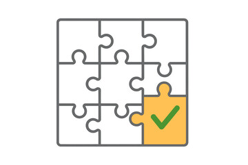Jigsaw puzzle with final piece and check mark. Problem solved concept. Business solution and success metaphor. Strategy and achievement. Game completed. Connection and teamwork.