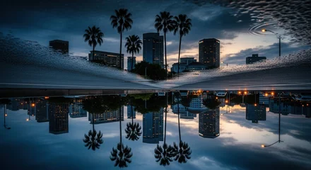 Wanddecoratie Reflectie City skyline with illuminated buildings and palm trees reflected in a wide street puddle at dusk creating a symmetrical view  © Terri
