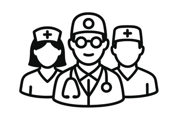 Medical team icon with doctor and nurses. Healthcare professionals group. Hospital staff symbol for medicine and health services. Vector line art illustration for clinic concept.