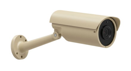 Beige bullet security camera isolated on white, surveillance equipment for home security and monitoring purposes PNG