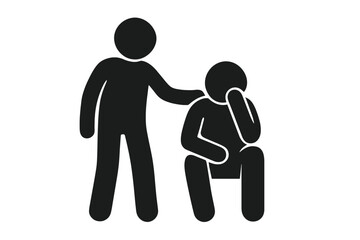 Man comforting sad friend icon. Support, empathy, and encouragement concept. Helping hand for depression, anxiety, grief. Mental health and therapy symbol. Vector pictogram.
