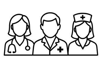 Medical team line icon with doctors and nurse. Healthcare professionals group symbol. Hospital staff avatar for medicine service, patient care, health consultation concept.
