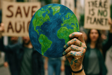 Passionate Climate Change Protest: Painted Globe Symbolizing Earth's Crisis
