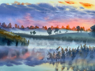 Evening by the lake in evening sunlight watercolor background