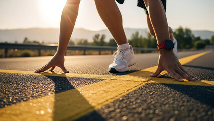 Runner poised at starting line ready to sprint
