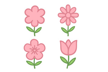 Cute pink flower icon set. Simple flat design floral elements. Vector collection of spring flowers including tulip, daisy, sakura. Isolated botanical cartoon illustrations.