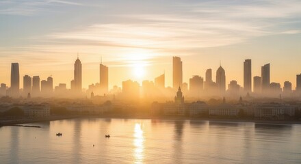 Hazy city skyline at sunrise with a vibrant sun over numerous tall buildings reflecting golden light onto a tranquil bay with boats