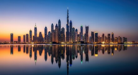 Fototapeta premium Illuminated skyscrapers and urban structures line a waterfront reflecting on calm water under a gradient sky at dusk