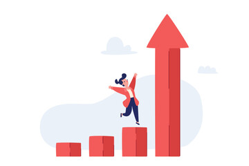 businesswoman celebrating success with skyrocketing bar chart
