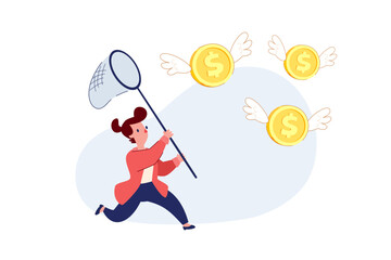 businesswoman chasing flying coins with butterfly net