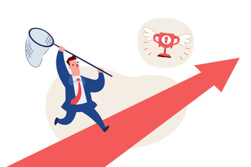 businessman running on rising arrow with butterfly net trying to catch trophy with wings