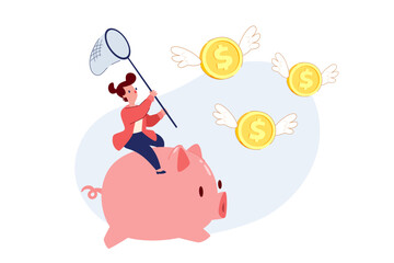 businesswoman on piggy bank holding butterfly net chasing coins with wings
