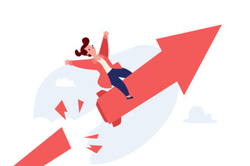 businesswoman riding arrow chart launching like rocket