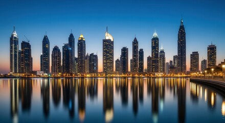 Obraz premium Modern city skyline at dusk with numerous illuminated skyscrapers reflecting in still water