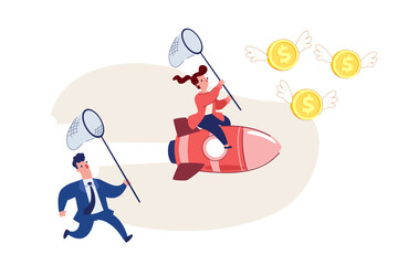 businesswoman riding rocket with butterfly net chasing flying money while competitor runs behind